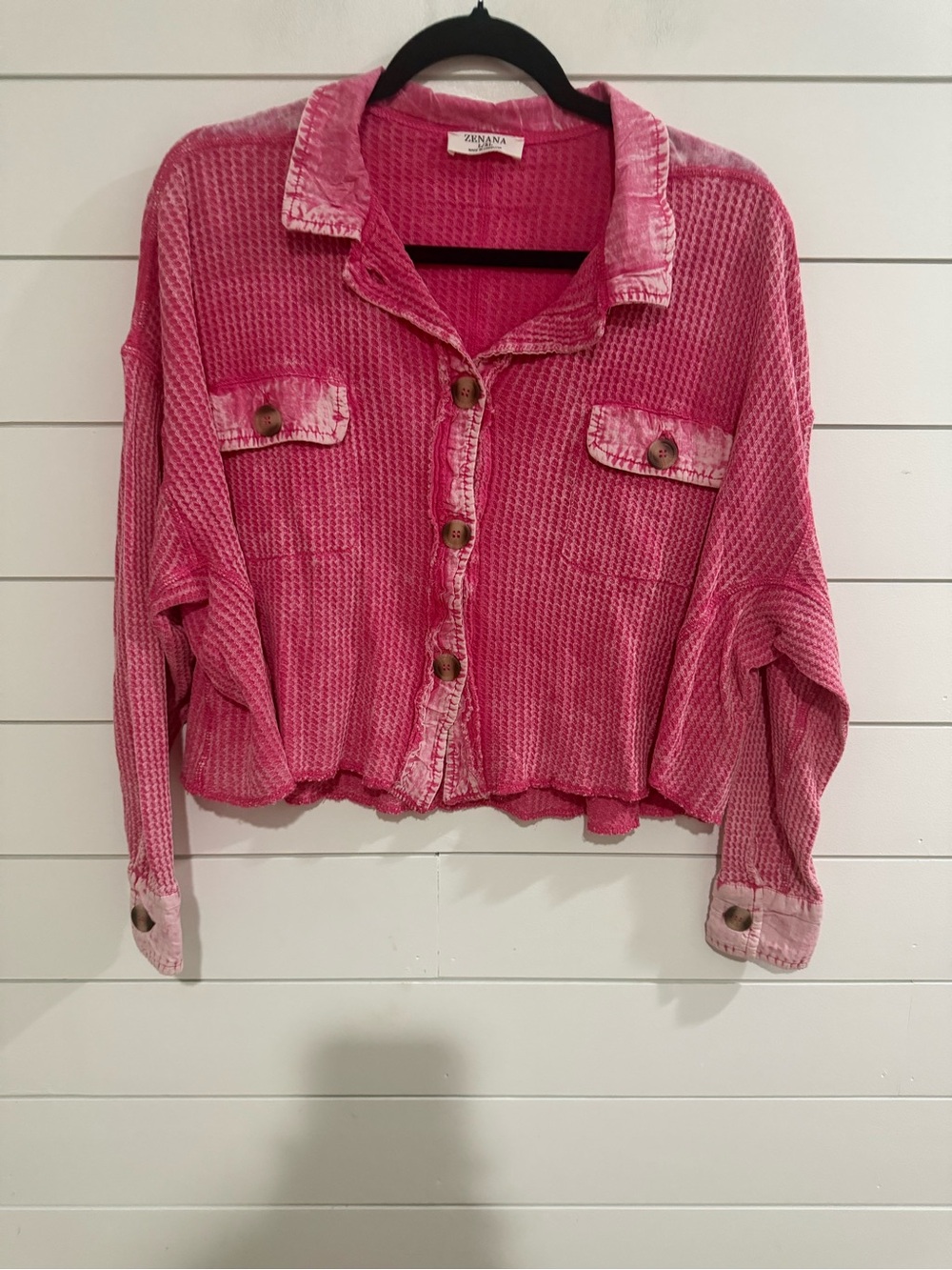 Zenana Outfitters Waffle-Knit Button-Down Crop Shirt